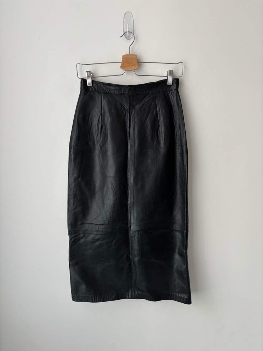 Vintage Leather High Waisted Midi Skirt Black | Size 8 | Fully Lined